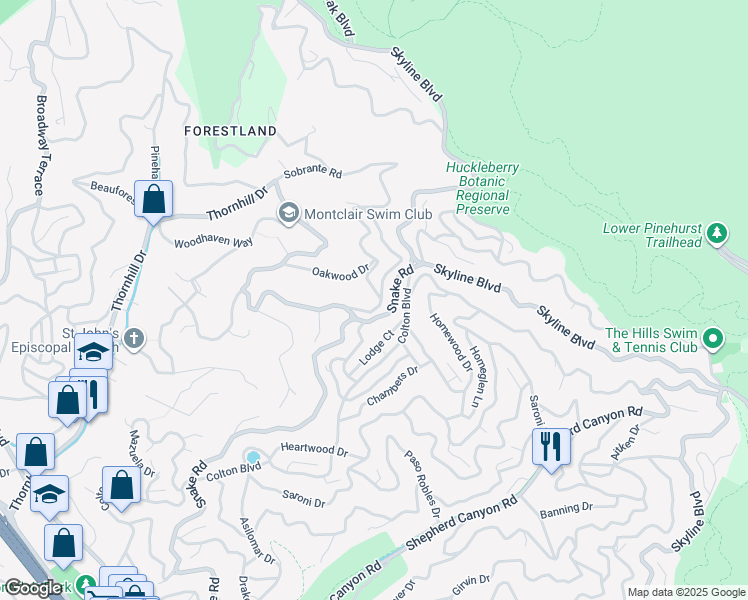 map of restaurants, bars, coffee shops, grocery stores, and more near 7249 Wild Currant Way in Oakland