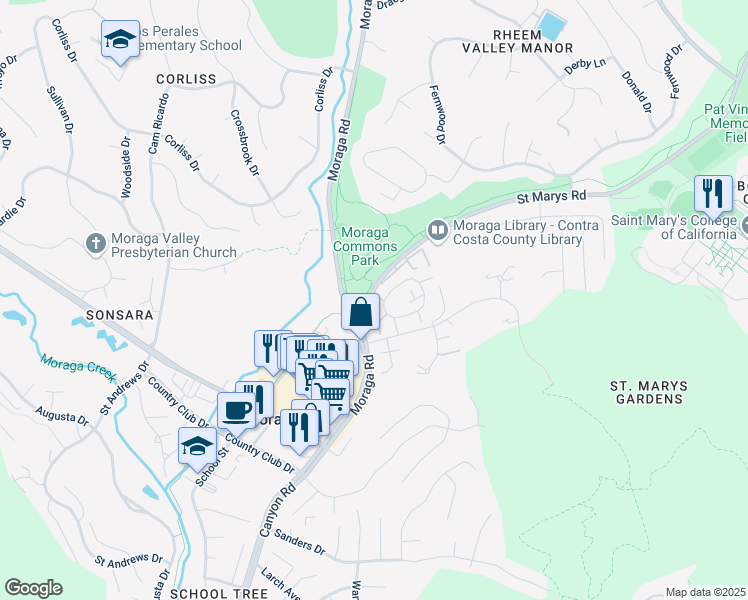 map of restaurants, bars, coffee shops, grocery stores, and more near 1387 Camino Peral in Moraga
