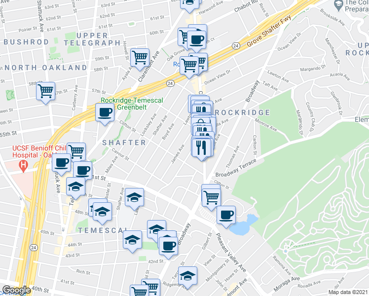 map of restaurants, bars, coffee shops, grocery stores, and more near 5326 James Avenue in Oakland
