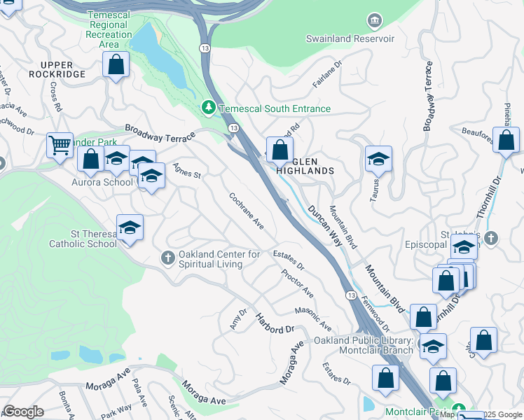 map of restaurants, bars, coffee shops, grocery stores, and more near 209 Sheridan Road in Oakland