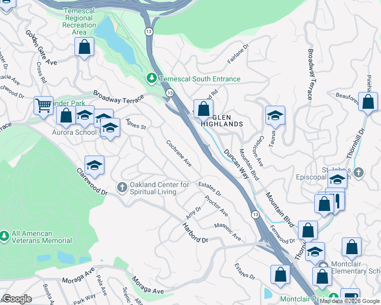 map of restaurants, bars, coffee shops, grocery stores, and more near 5108 Cochrane Avenue in Oakland