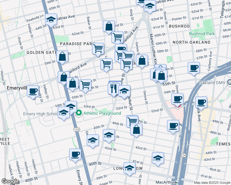 map of restaurants, bars, coffee shops, grocery stores, and more near 5417 Adeline Street in Oakland