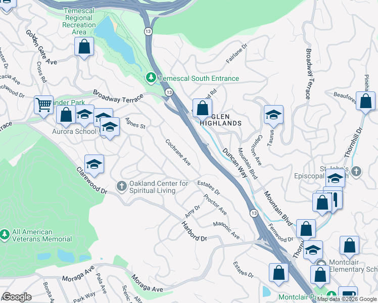 map of restaurants, bars, coffee shops, grocery stores, and more near 5108 Cochrane Avenue in Oakland