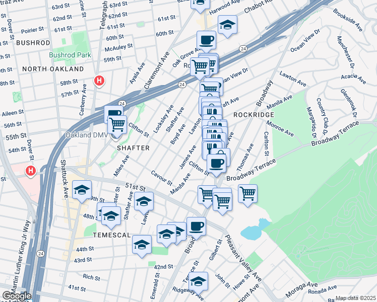 map of restaurants, bars, coffee shops, grocery stores, and more near 5326 James Avenue in Oakland
