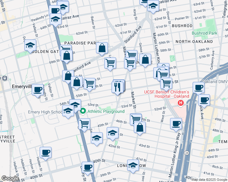 map of restaurants, bars, coffee shops, grocery stores, and more near 965 55th Street in Oakland