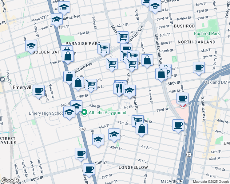 map of restaurants, bars, coffee shops, grocery stores, and more near 965 55th Street in Oakland