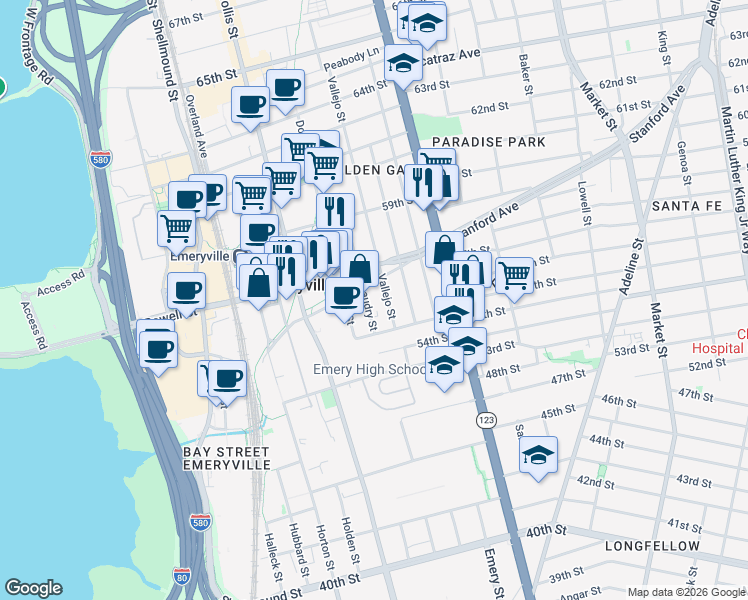map of restaurants, bars, coffee shops, grocery stores, and more near in Emeryville