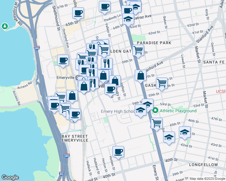 map of restaurants, bars, coffee shops, grocery stores, and more near 1342 Stanford Avenue in Emeryville