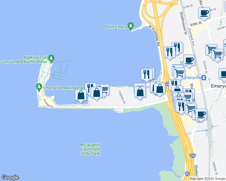 map of restaurants, bars, coffee shops, grocery stores, and more near 5 Captain Drive in Emeryville