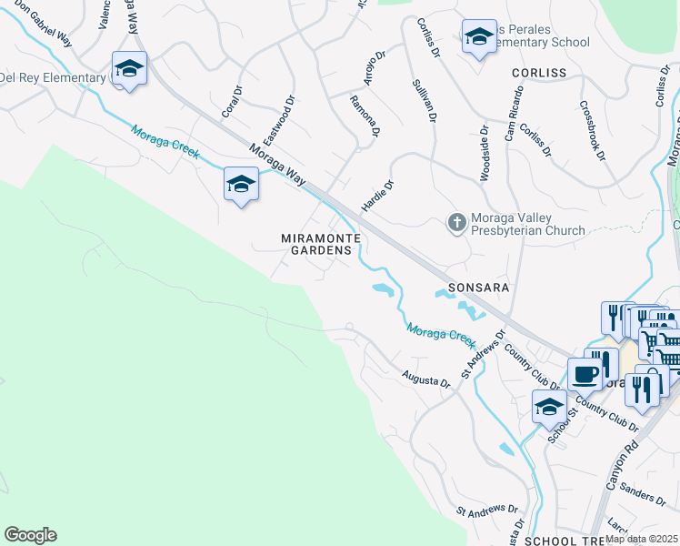 map of restaurants, bars, coffee shops, grocery stores, and more near 128 Miramonte Drive in Moraga