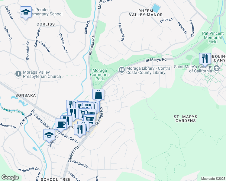 map of restaurants, bars, coffee shops, grocery stores, and more near 1424 Camino Peral in Moraga