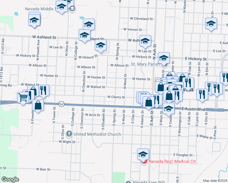 map of restaurants, bars, coffee shops, grocery stores, and more near 117 North Spring Street in Nevada