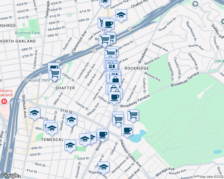 map of restaurants, bars, coffee shops, grocery stores, and more near 5349 College Avenue in Oakland