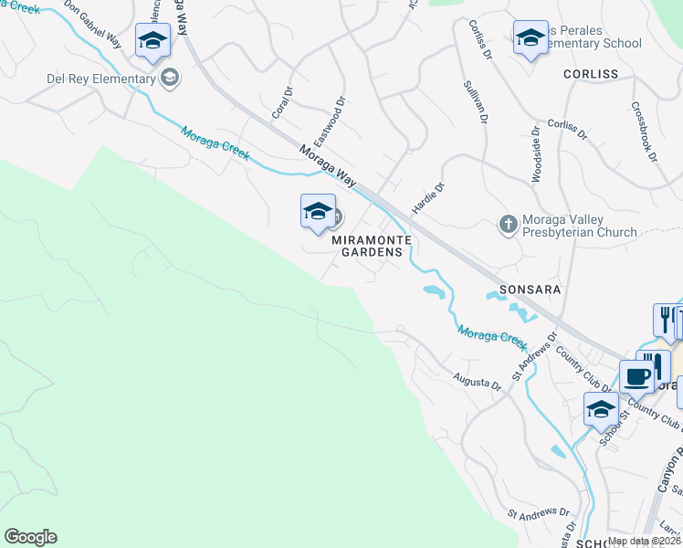 map of restaurants, bars, coffee shops, grocery stores, and more near 183 Miramonte Drive in Moraga