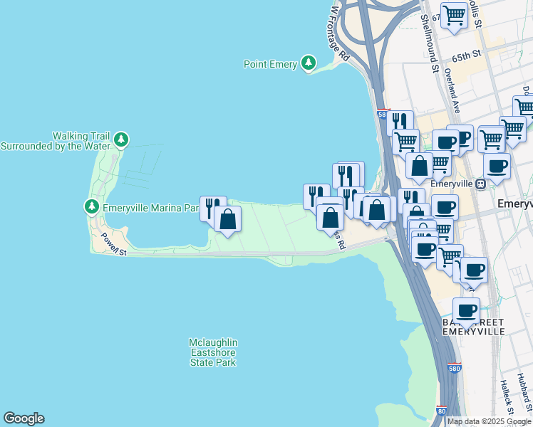 map of restaurants, bars, coffee shops, grocery stores, and more near in Emeryville