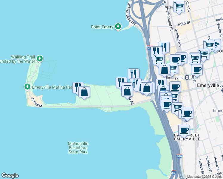 map of restaurants, bars, coffee shops, grocery stores, and more near 6 Captain Drive in Emeryville