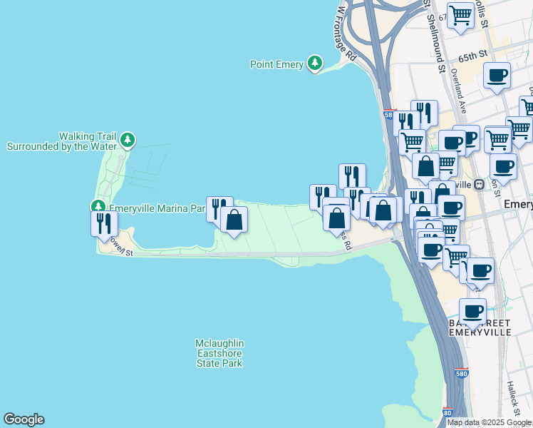 map of restaurants, bars, coffee shops, grocery stores, and more near 9 Commodore Drive in Emeryville