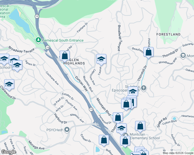 map of restaurants, bars, coffee shops, grocery stores, and more near 237 Taurus Avenue in Oakland