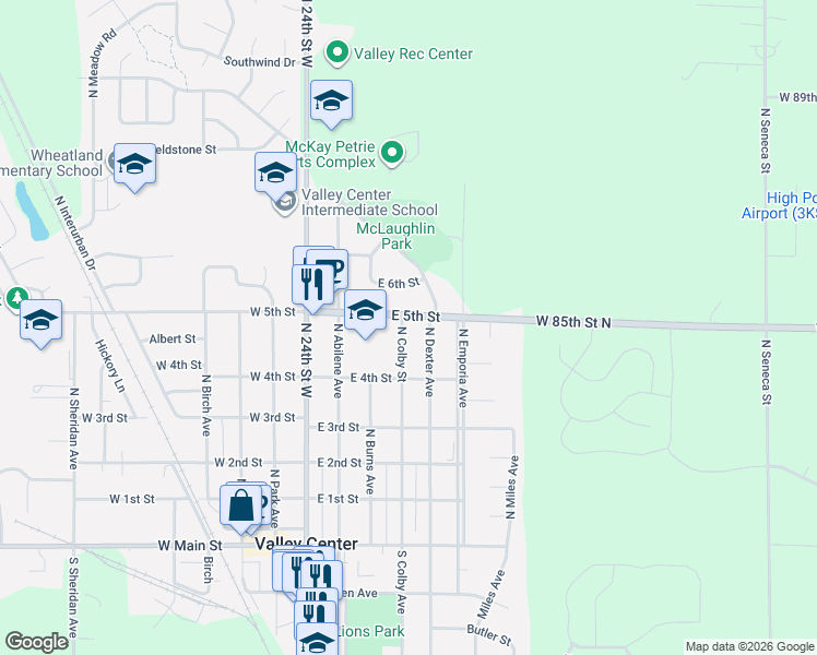 map of restaurants, bars, coffee shops, grocery stores, and more near 556 North Colby Avenue in Valley Center
