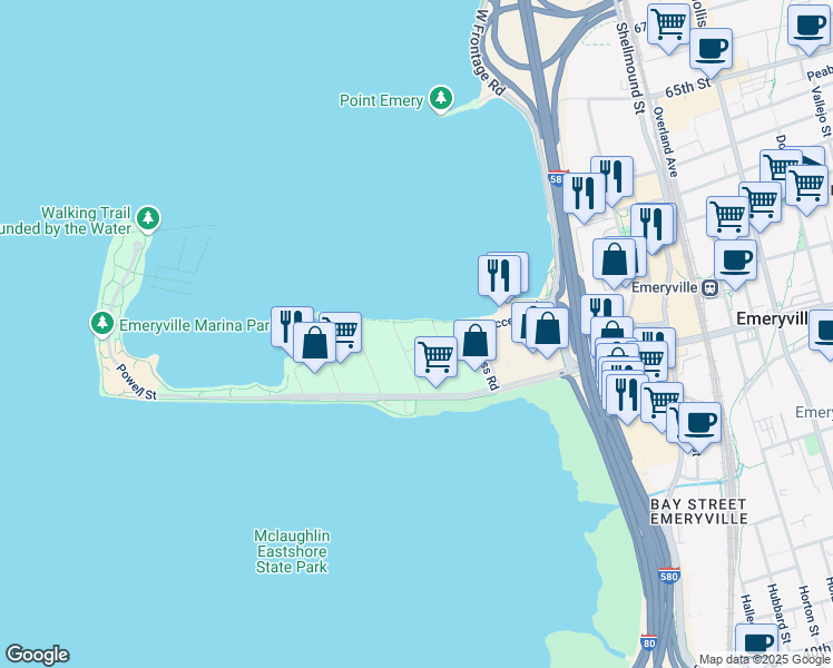 map of restaurants, bars, coffee shops, grocery stores, and more near 6 Captain Drive in Emeryville