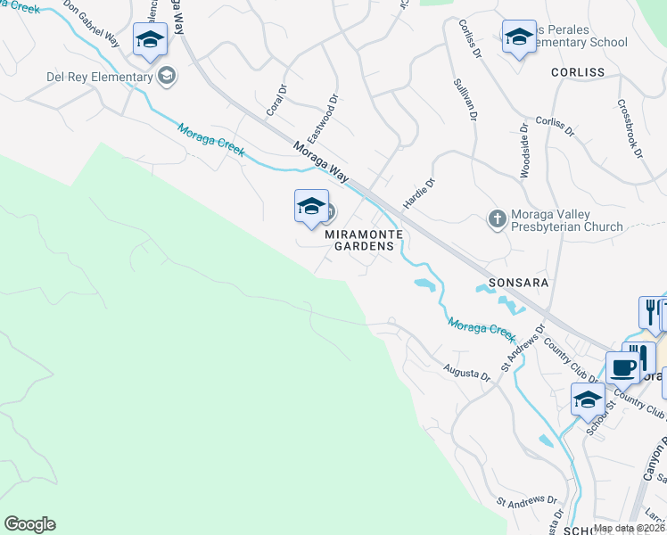 map of restaurants, bars, coffee shops, grocery stores, and more near 183 Miramonte Drive in Moraga