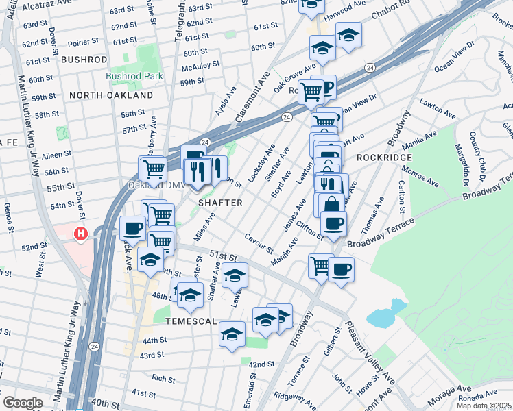 map of restaurants, bars, coffee shops, grocery stores, and more near 5264 Shafter Avenue in Oakland