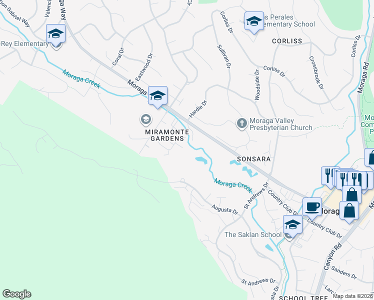 map of restaurants, bars, coffee shops, grocery stores, and more near 119 Miramonte Drive in Moraga