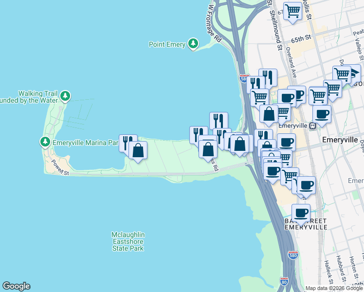 map of restaurants, bars, coffee shops, grocery stores, and more near in Emeryville