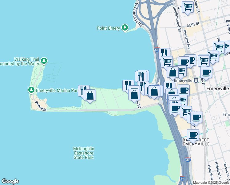 map of restaurants, bars, coffee shops, grocery stores, and more near 5 Captain Drive in Emeryville