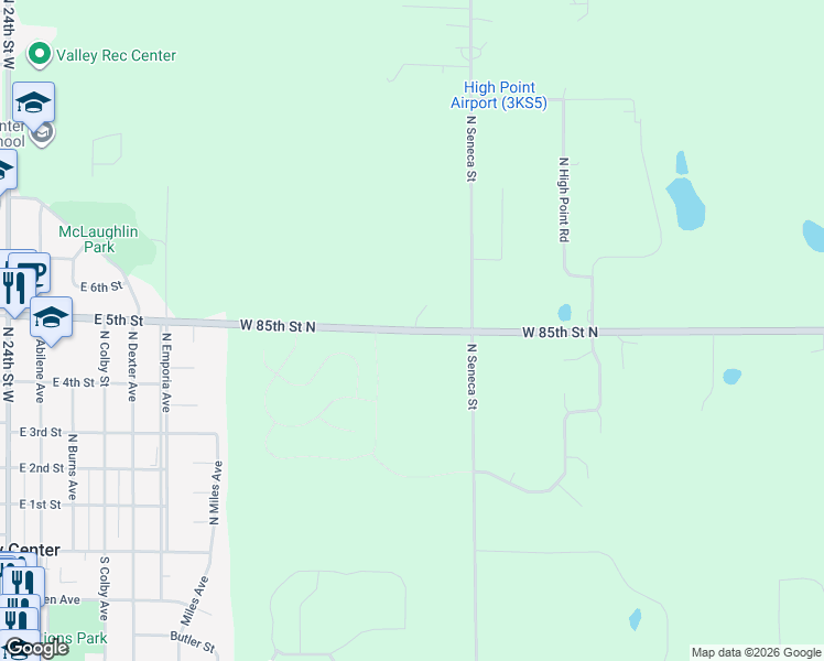 map of restaurants, bars, coffee shops, grocery stores, and more near 1501 West 85th Street North in Valley Center