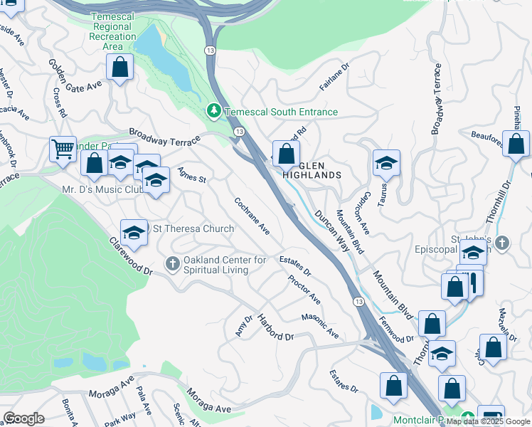 map of restaurants, bars, coffee shops, grocery stores, and more near 209 Sheridan Road in Oakland
