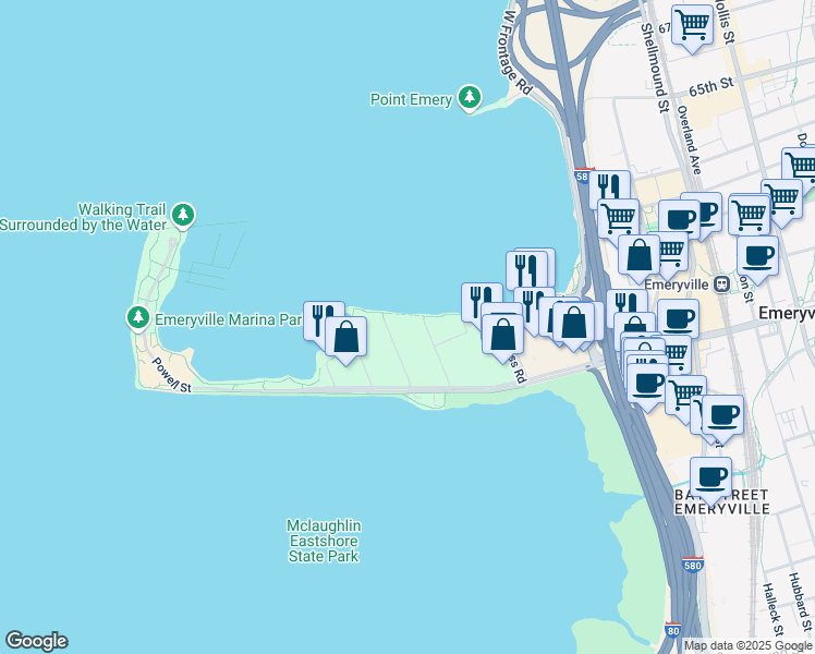 map of restaurants, bars, coffee shops, grocery stores, and more near 5 Captain Drive in Emeryville