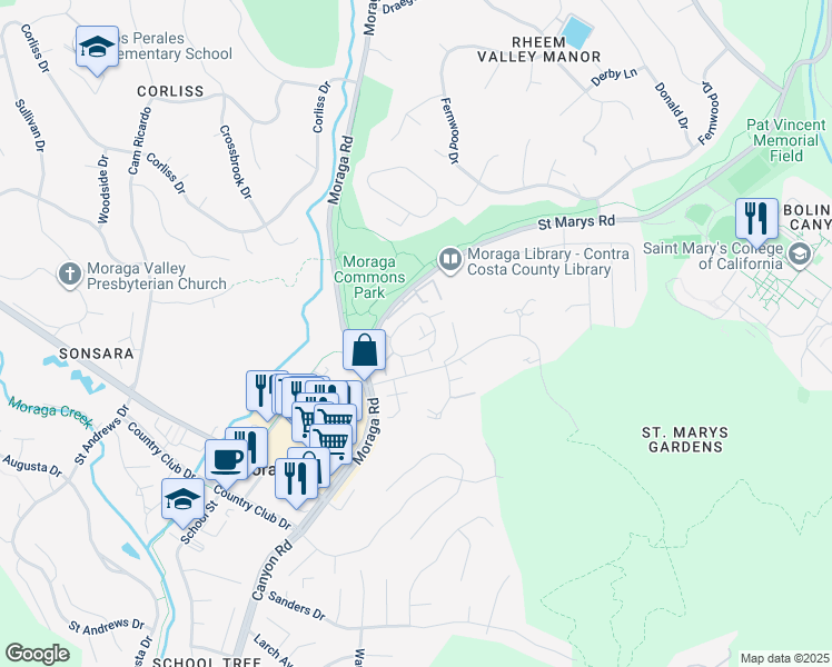 map of restaurants, bars, coffee shops, grocery stores, and more near 1422 Camino Peral in Moraga