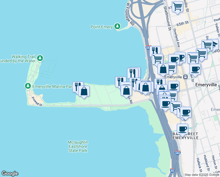 map of restaurants, bars, coffee shops, grocery stores, and more near 6 Captain Drive in Emeryville