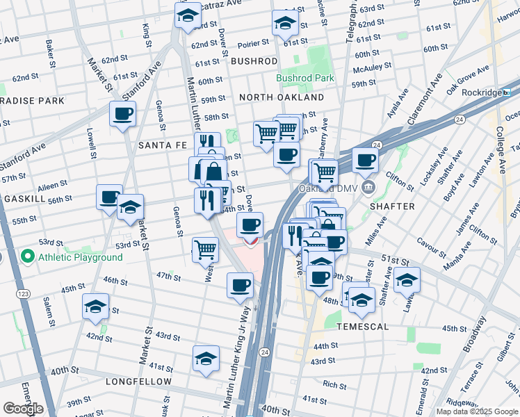 map of restaurants, bars, coffee shops, grocery stores, and more near 661 54th Street in Oakland