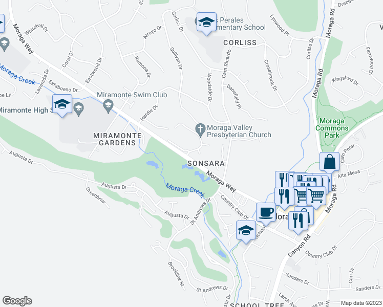 map of restaurants, bars, coffee shops, grocery stores, and more near 2 Moraga Valley Lane in Moraga