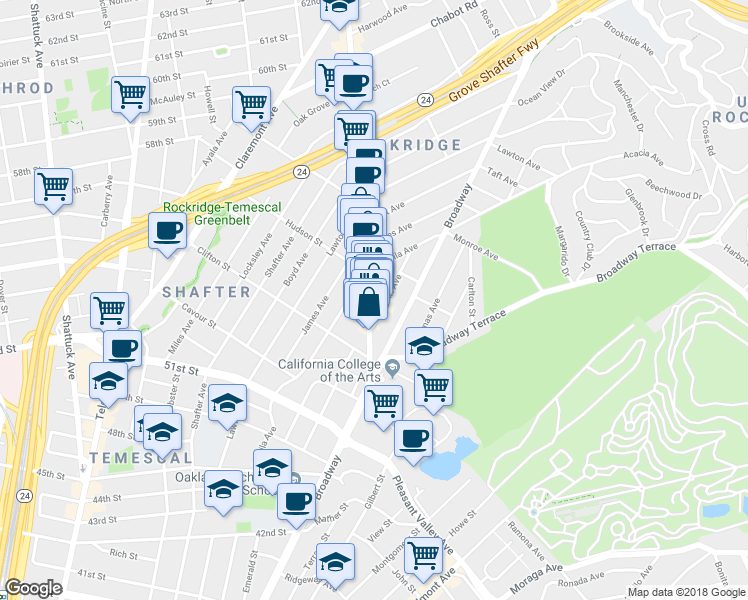 map of restaurants, bars, coffee shops, grocery stores, and more near 5349 College Avenue in Oakland