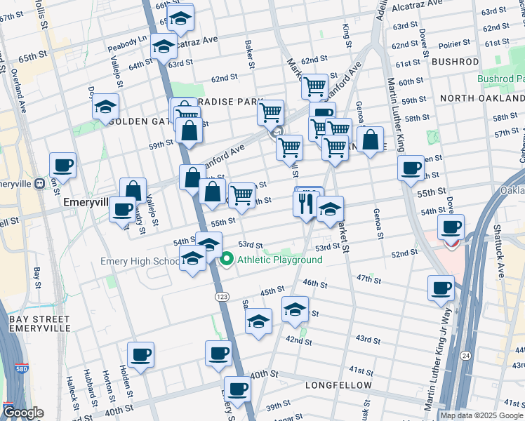 map of restaurants, bars, coffee shops, grocery stores, and more near 1006 55th Street in Oakland