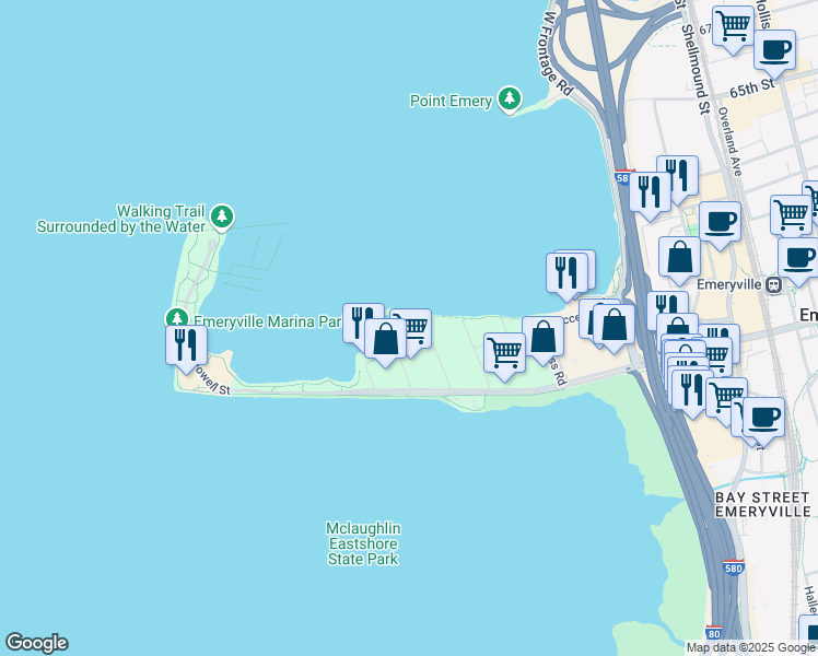 map of restaurants, bars, coffee shops, grocery stores, and more near 9 Commodore Drive in Emeryville