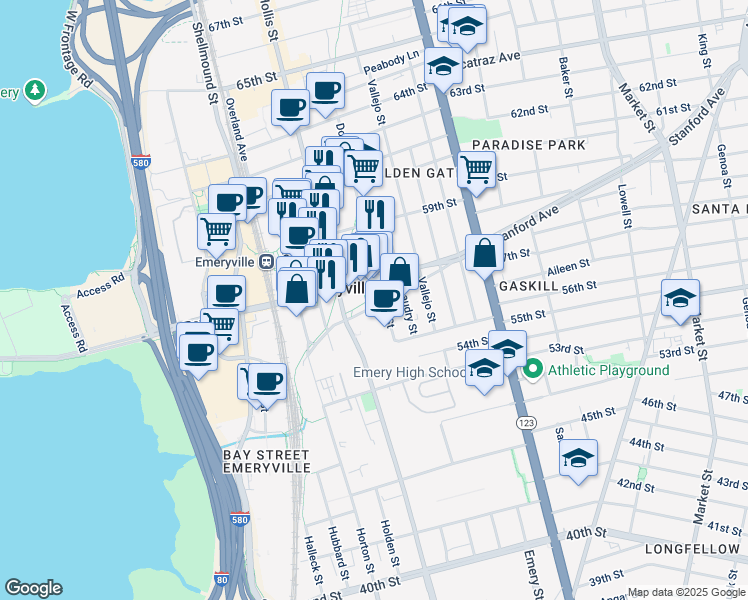 map of restaurants, bars, coffee shops, grocery stores, and more near 1342 Stanford Avenue in Emeryville