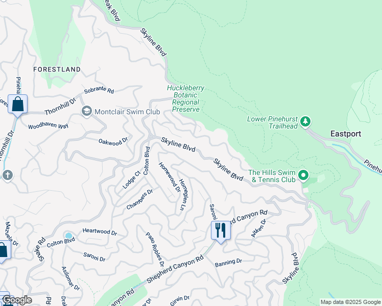 map of restaurants, bars, coffee shops, grocery stores, and more near 7575 Skyline Boulevard in Oakland