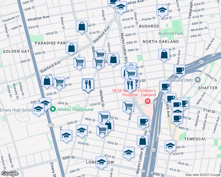 map of restaurants, bars, coffee shops, grocery stores, and more near 871 55th Street in Oakland