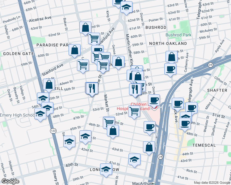 map of restaurants, bars, coffee shops, grocery stores, and more near 871 55th Street in Oakland