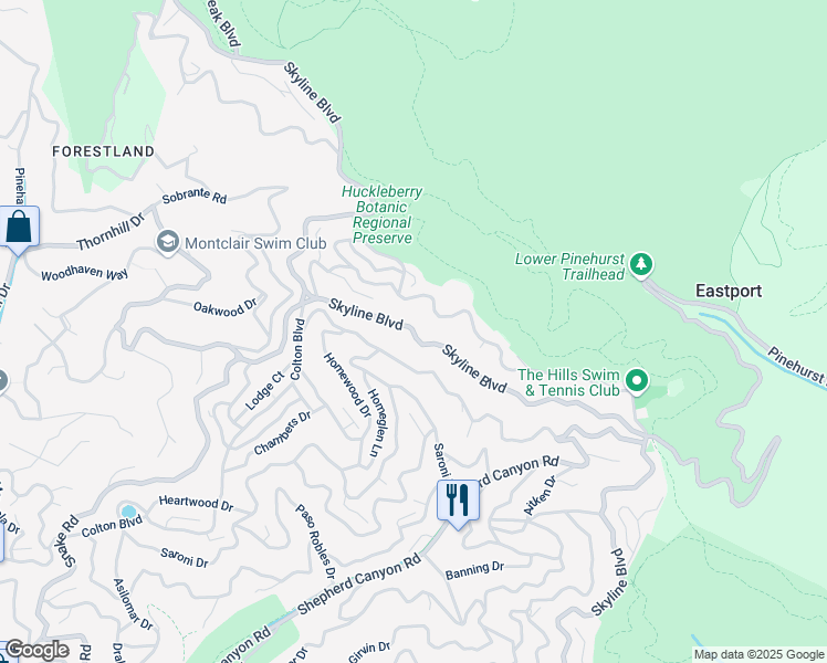 map of restaurants, bars, coffee shops, grocery stores, and more near 7635 Skyline Boulevard in Oakland