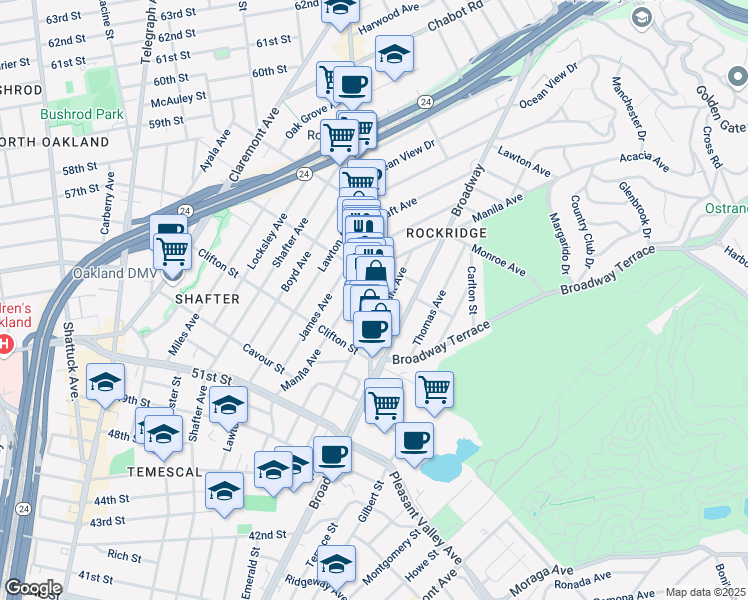 map of restaurants, bars, coffee shops, grocery stores, and more near 5349 College Avenue in Oakland