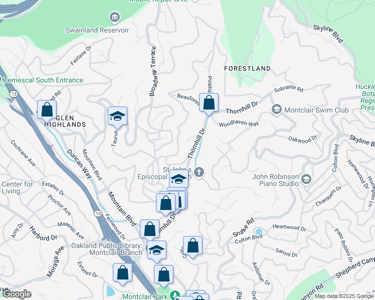 map of restaurants, bars, coffee shops, grocery stores, and more near 5504 Merriewood Dr in Oakland