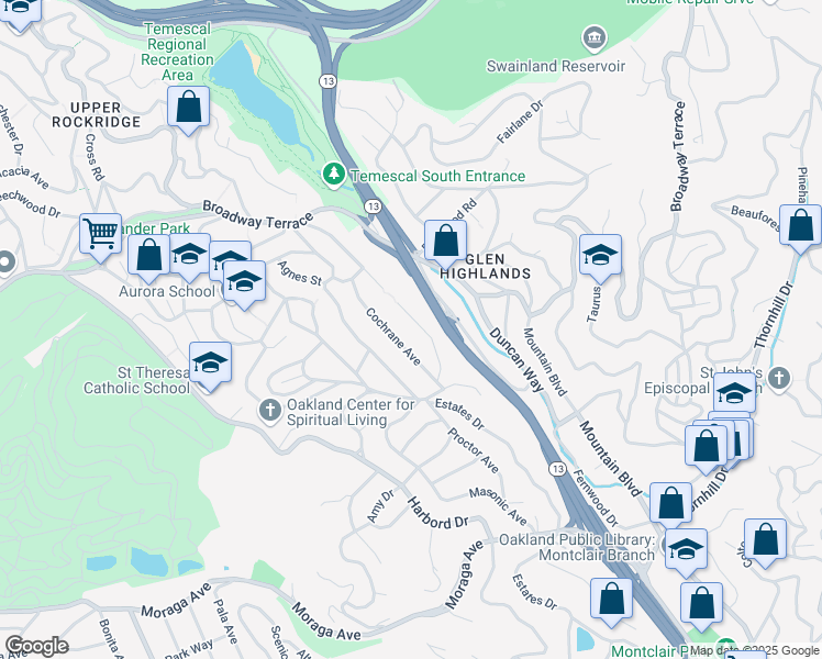 map of restaurants, bars, coffee shops, grocery stores, and more near 205 Sheridan Road in Oakland