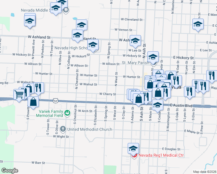 map of restaurants, bars, coffee shops, grocery stores, and more near 117 North Spring Street in Nevada