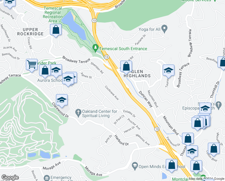 map of restaurants, bars, coffee shops, grocery stores, and more near 5108 Cochrane Avenue in Oakland