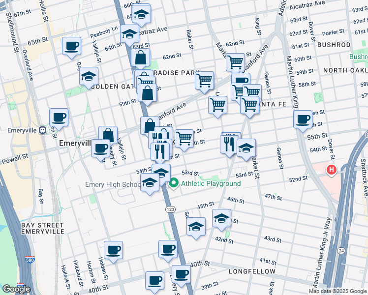 map of restaurants, bars, coffee shops, grocery stores, and more near in Oakland